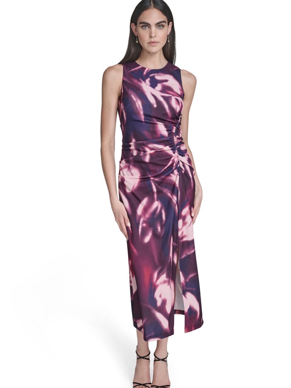 Vince Camuto Purple & Pink Abstract Ruched Midi Dress